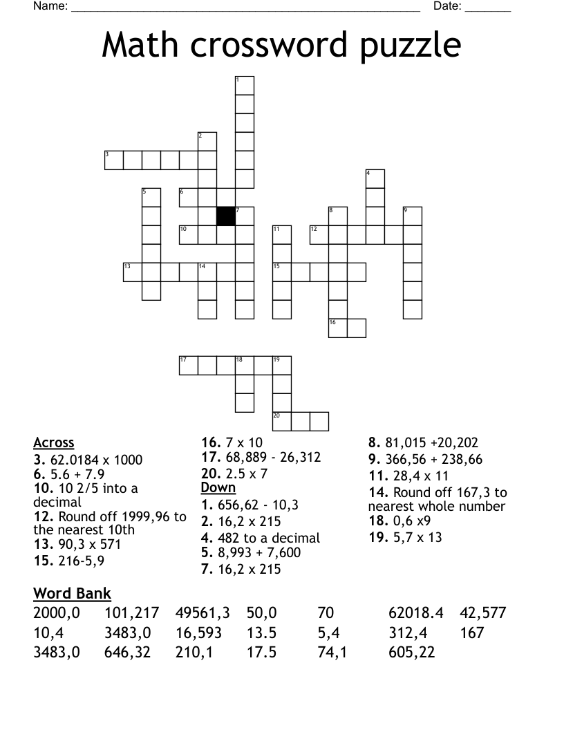 Printable Math Crossword Puzzles