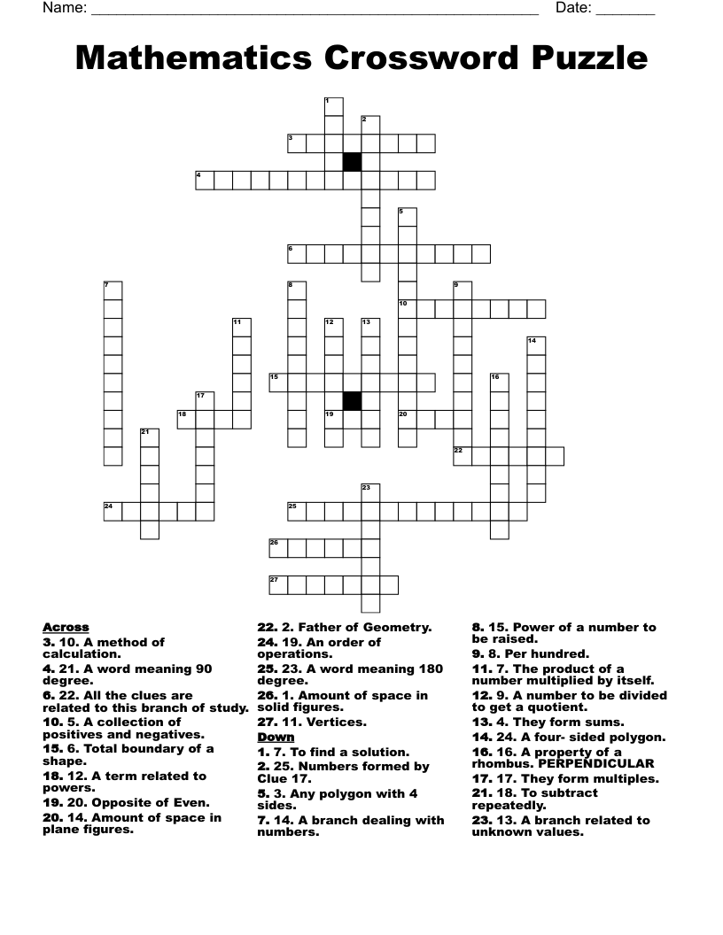 Printable Math Crossword Puzzles