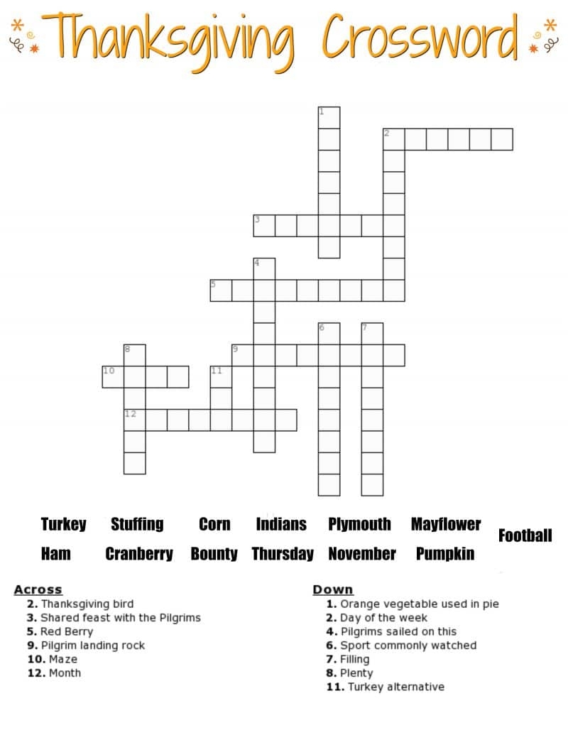 Printable November Crossword Puzzles Printable Crossword Puzzles