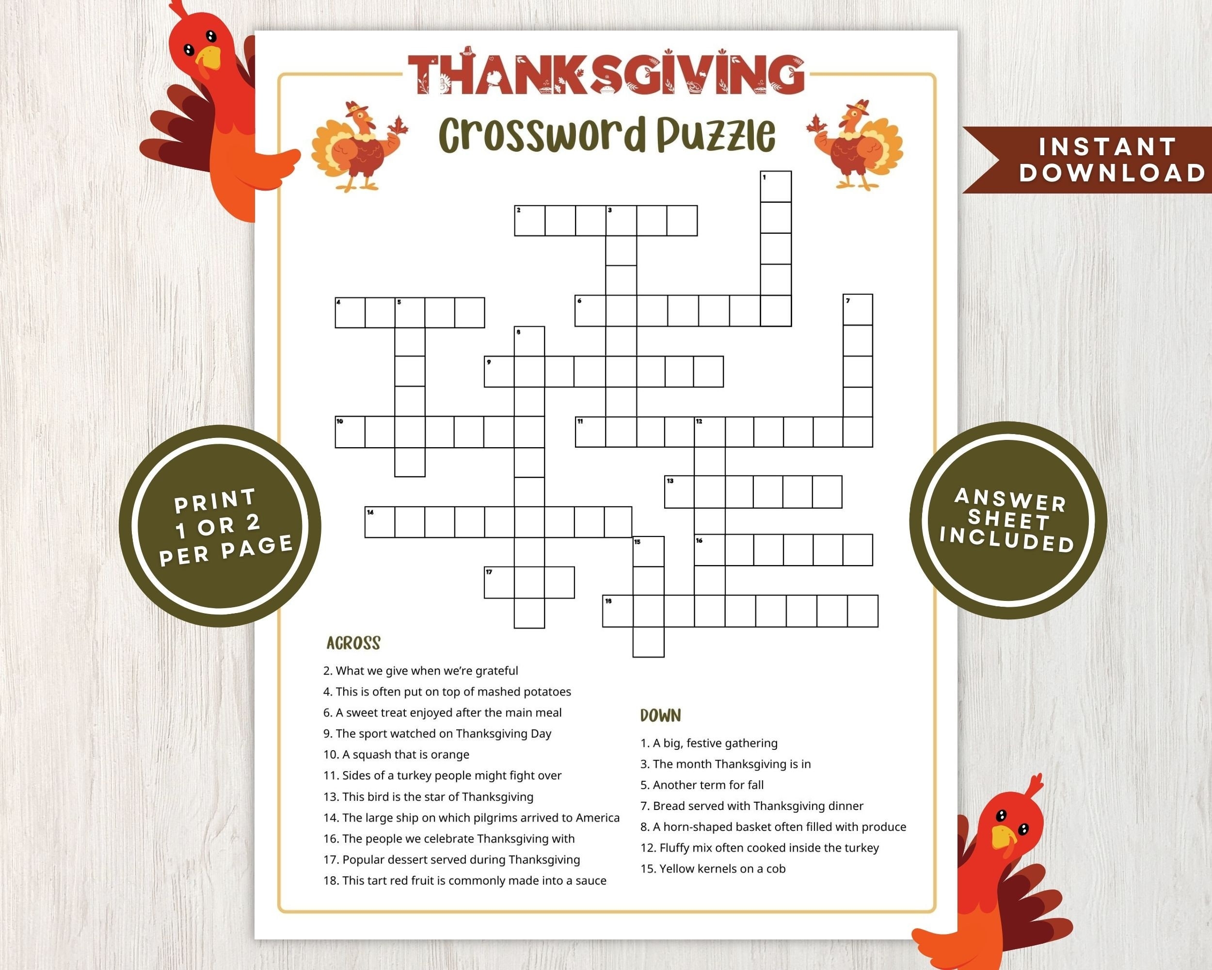 Printable Thanksgiving Crossword Puzzle For Kids And Adults Crossword 
