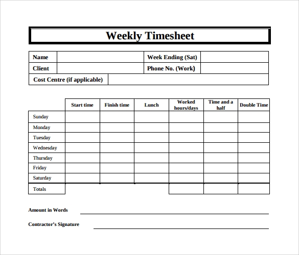 Printable Weekly Timesheet Template Word
