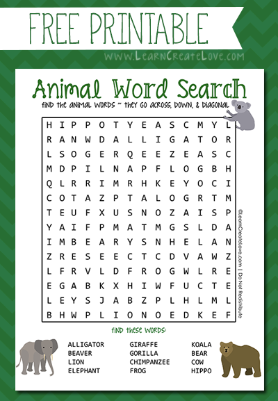 Printable Word Search Animals