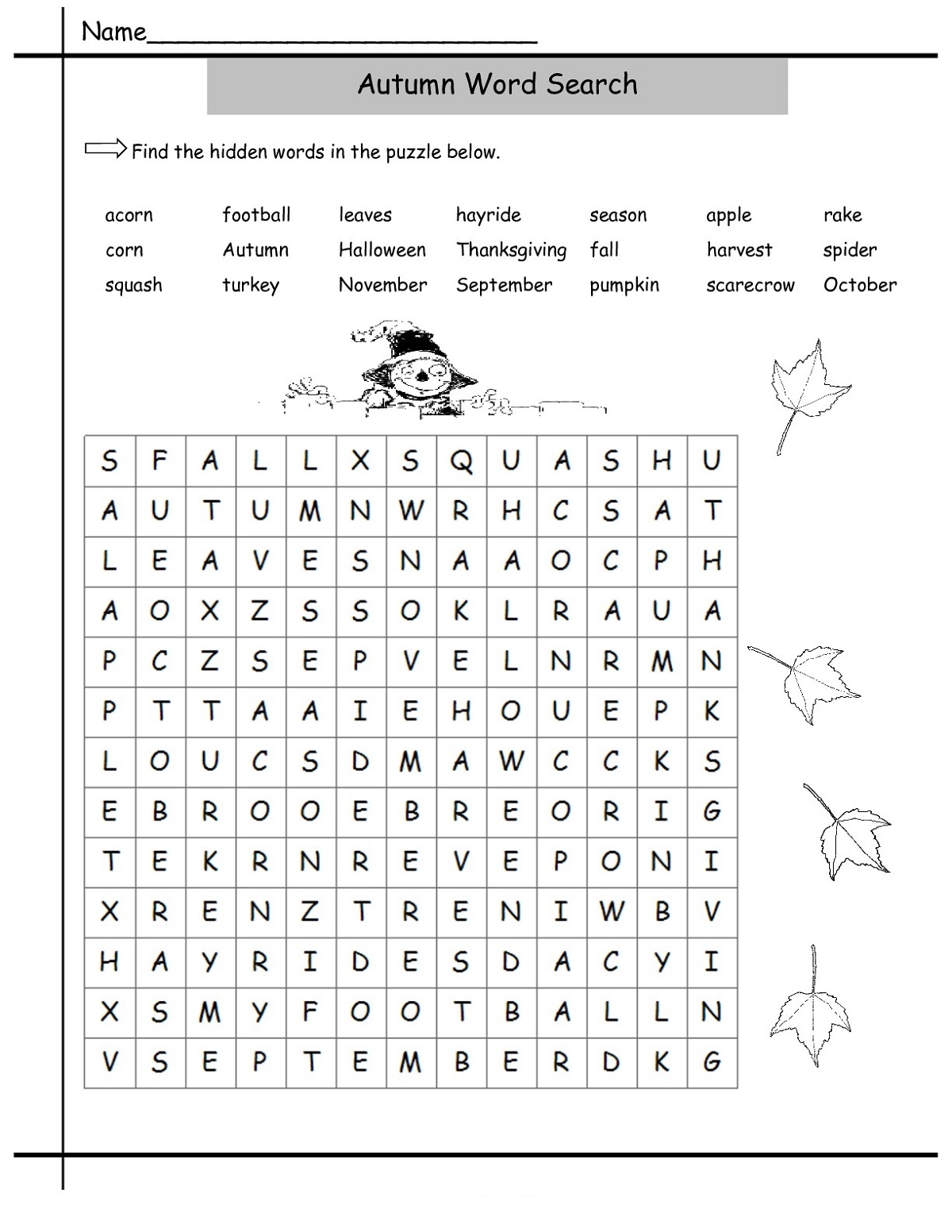 Printable Word Searches Fall
