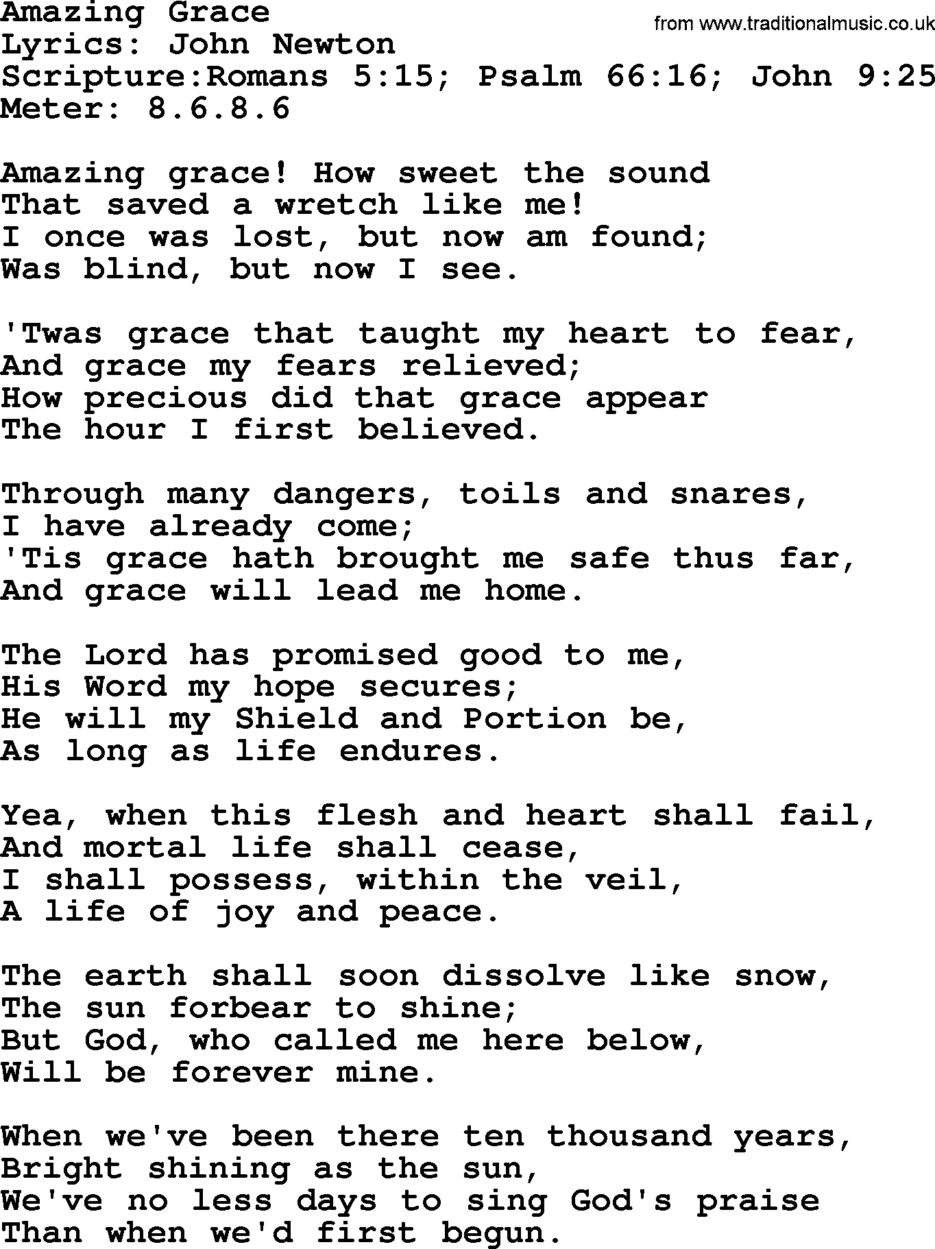 Printable Words To Amazing Grace Hymn