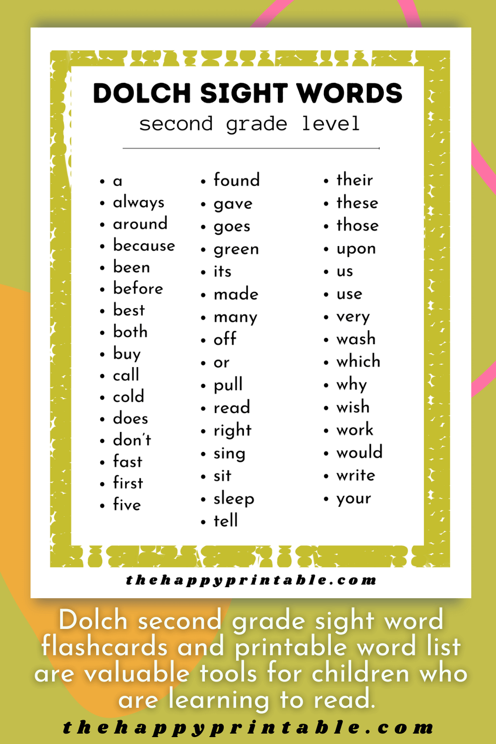 Second Grade Dolch Sight Word Flashcards The Happy Printable
