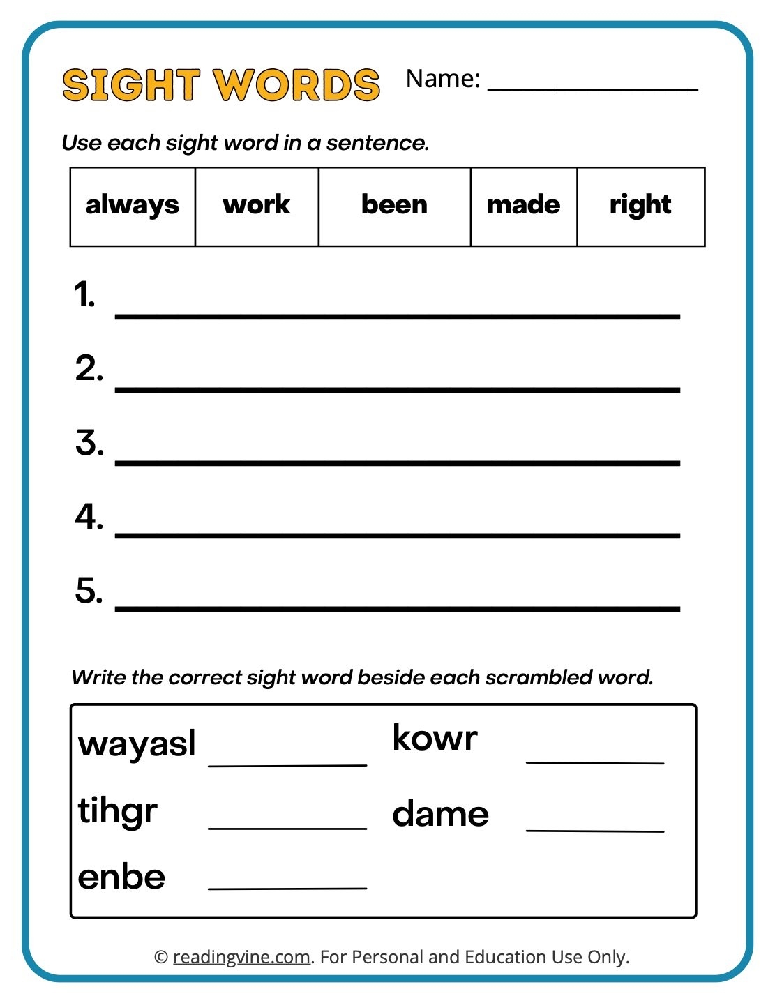 Second Grade Sight Words Worksheets