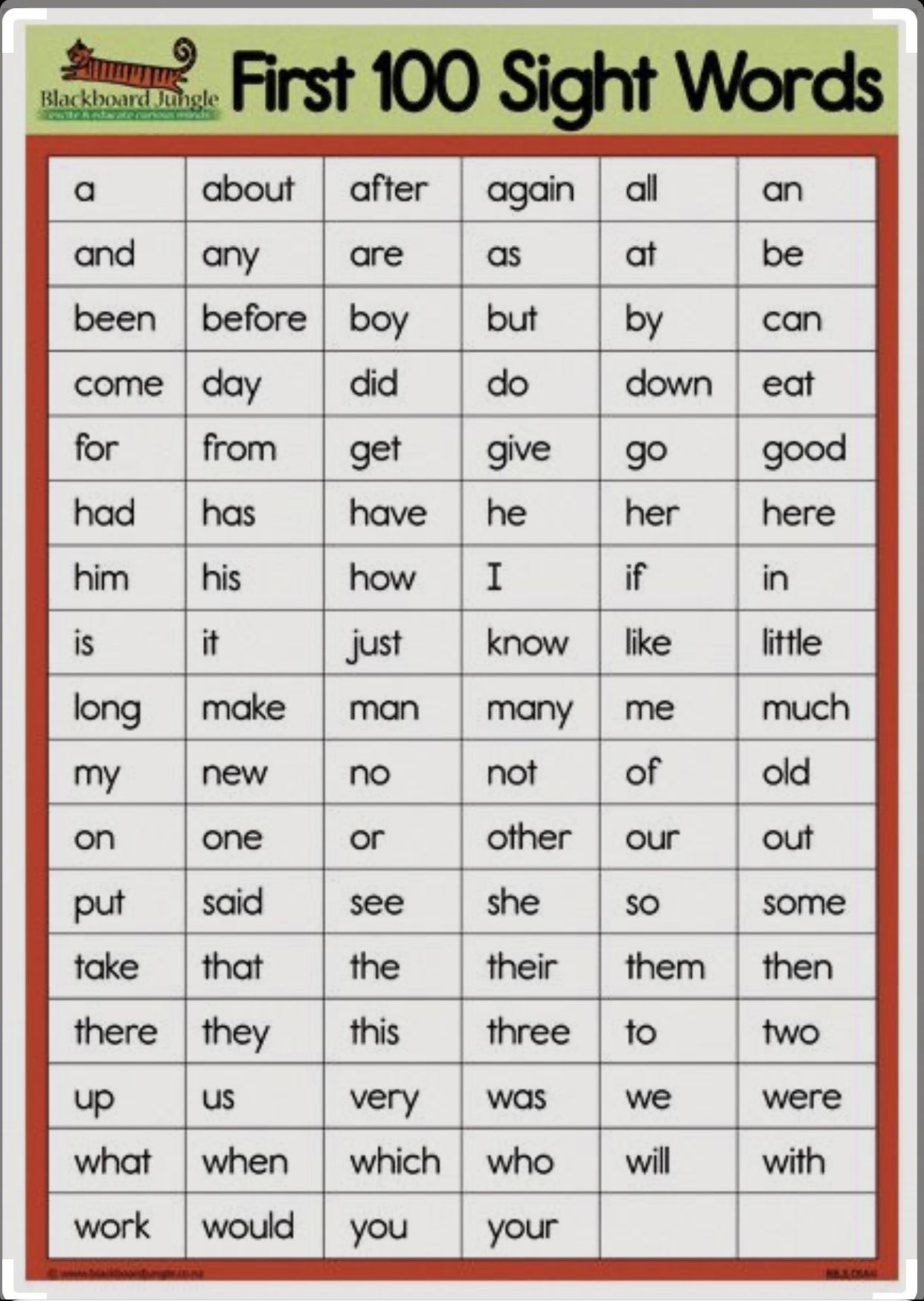 Sight Word List Kindergarten