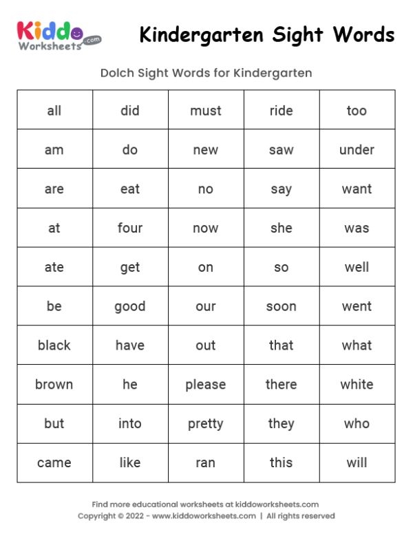 Sight Words Printable Kindergarten Printable Summer Activities