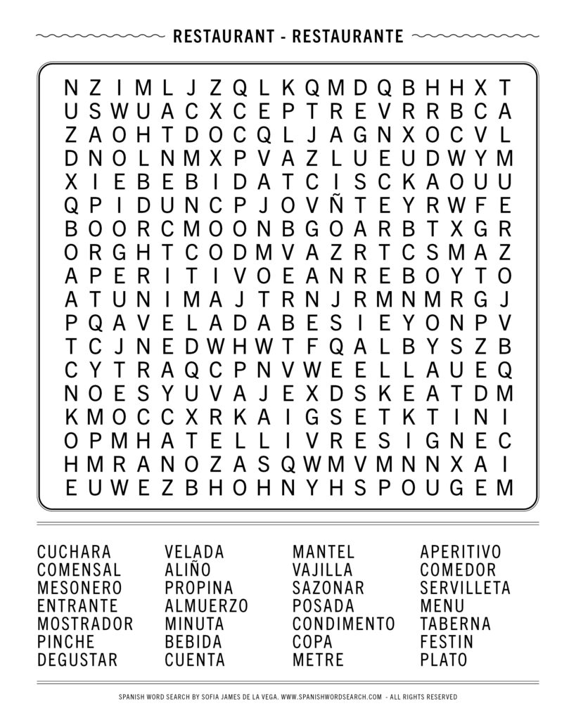 Spanish Restaurant Word Search El Restaurante Free Spanish Puzzle