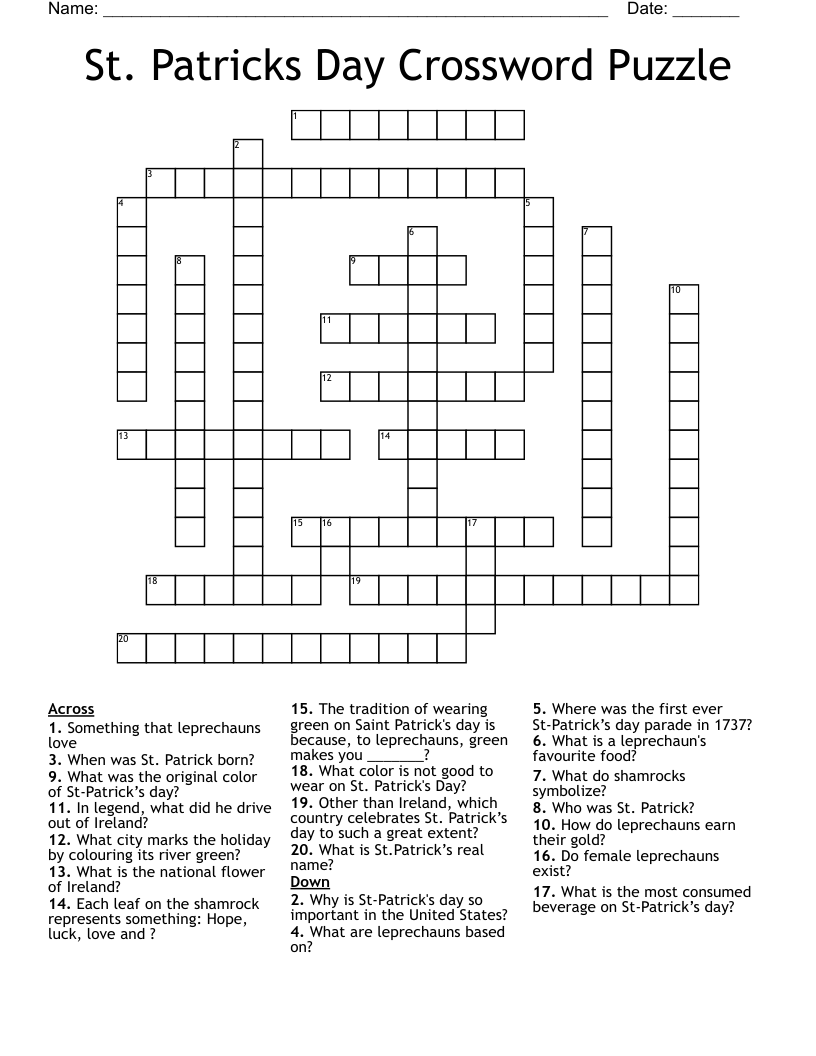 St Patrick 39 s Day Crossword Puzzles Printable