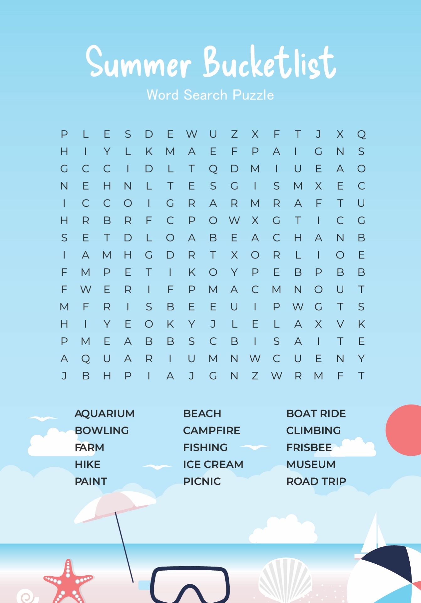 Summer Themed Word Search Printable