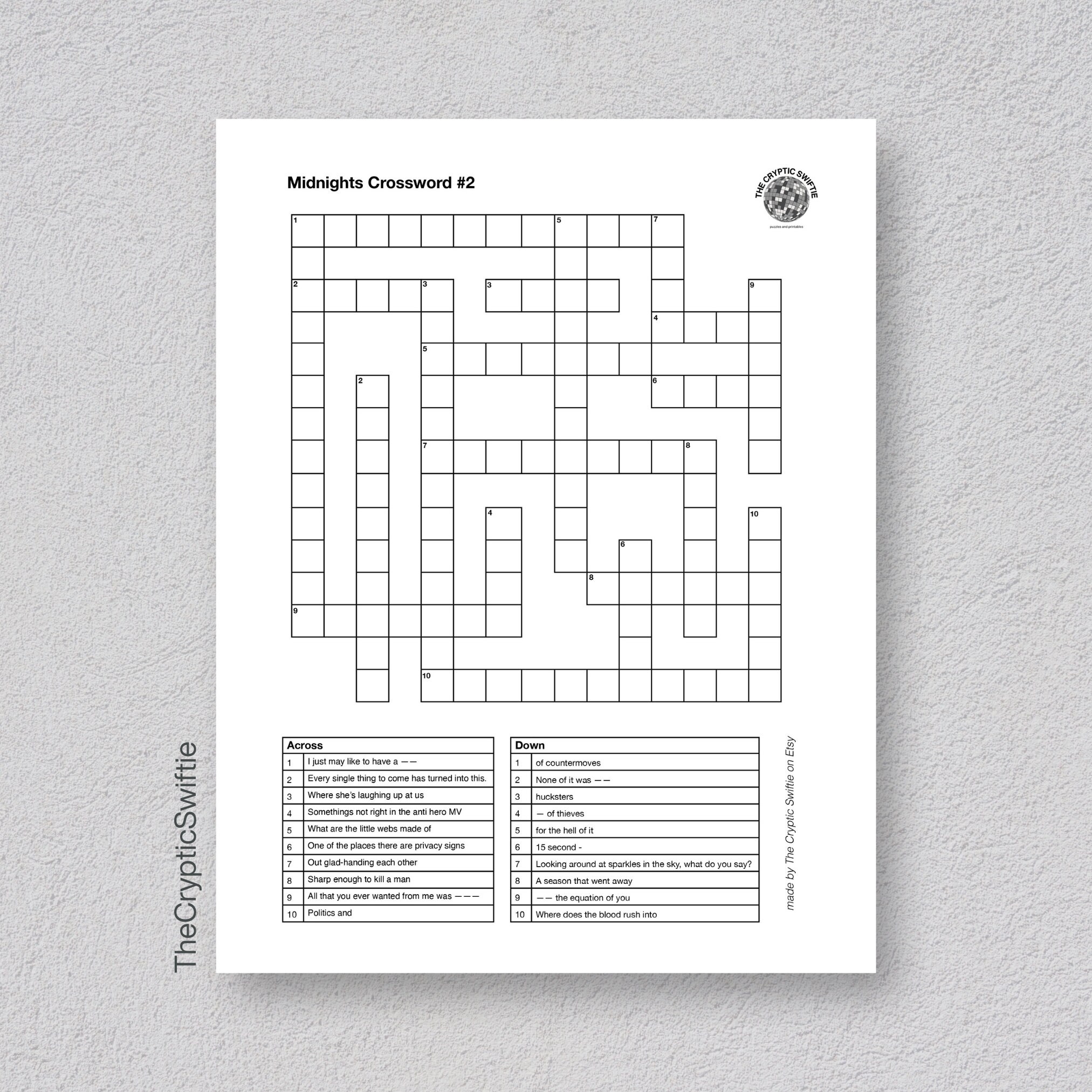 Taylor Swift Crossword Puzzle 2 Midnights Era Crossword For Swifties 