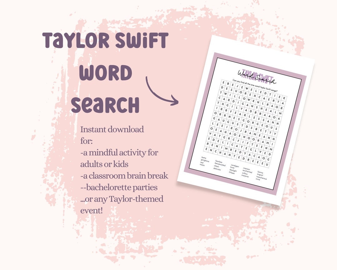 Taylor Swift Word Search Printable Word Search Swiftie Songs Digital 