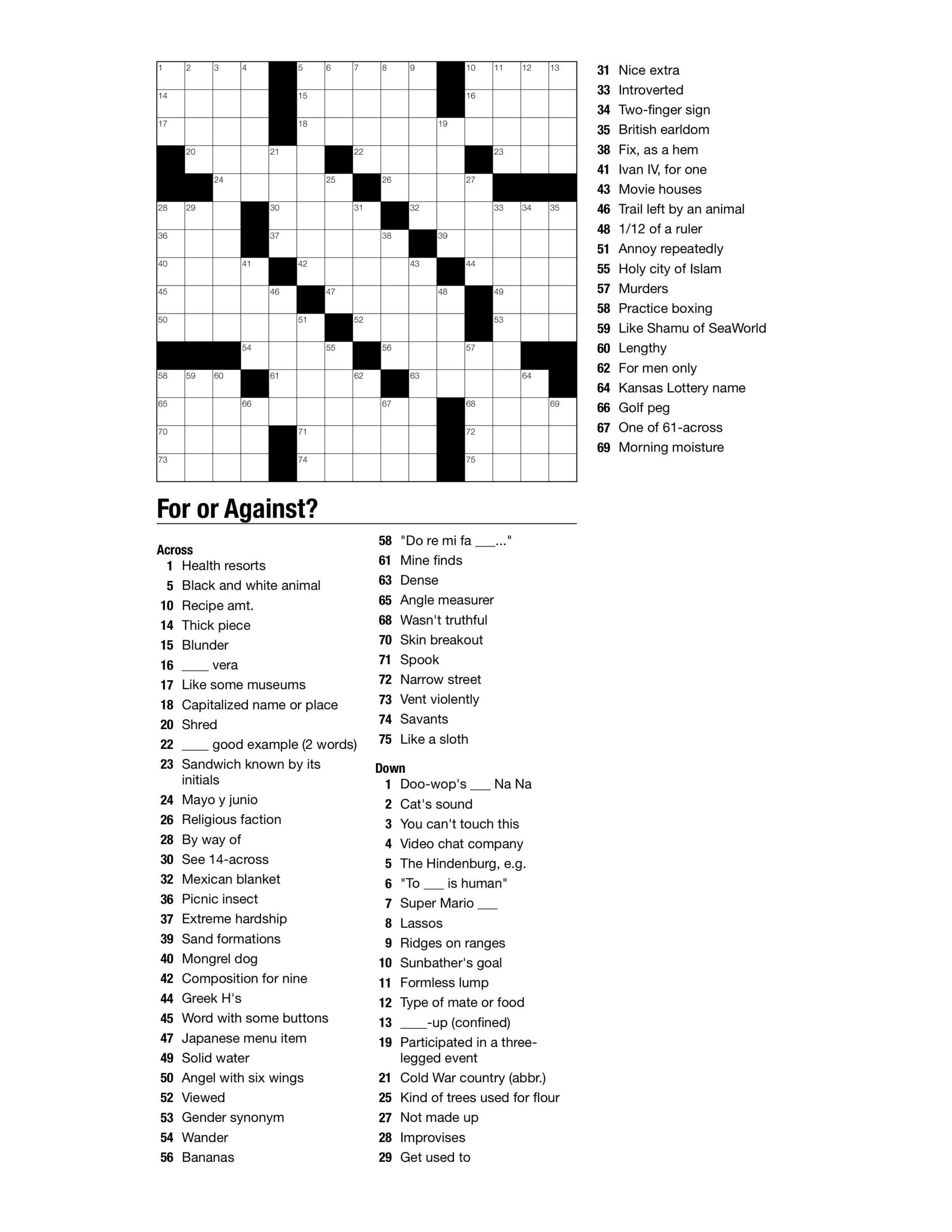 Themed Crossword Puzzles Printable