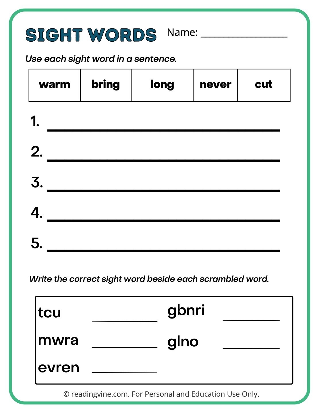 Third Grade Sight Words ReadingVine