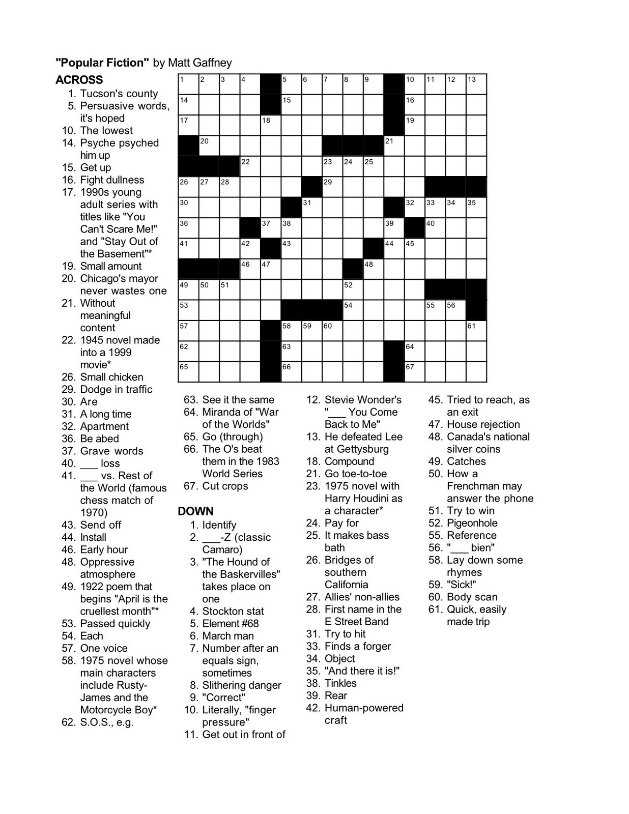 Universal Crossword Puzzle Printable