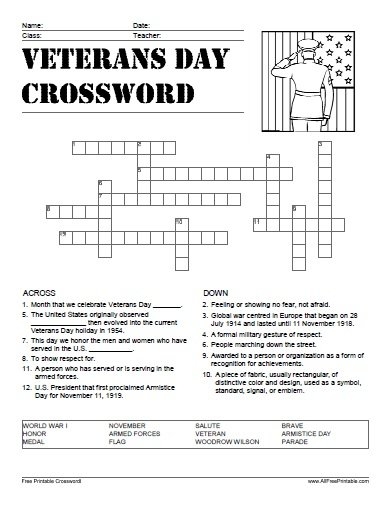 Veterans Day Crossword Free Printable