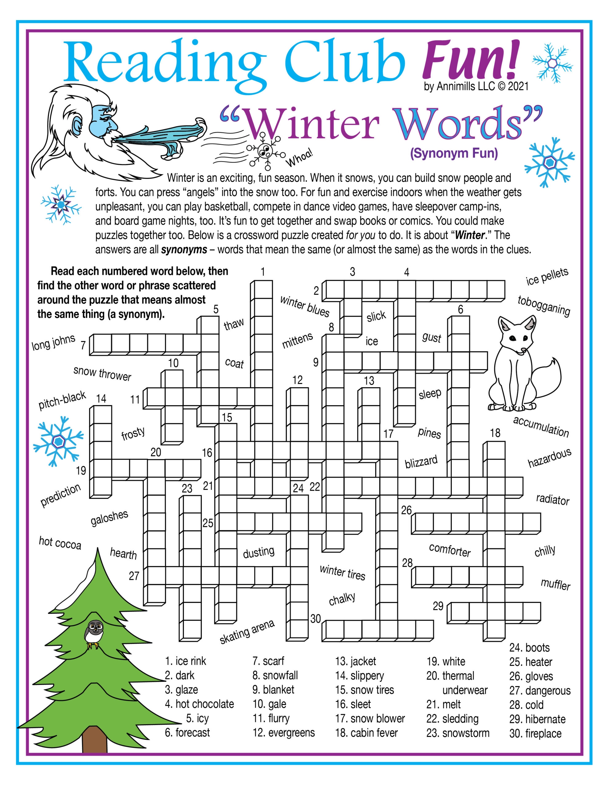 Winter Vocabulary Synonyms Printable Crossword Puzzle Word Search 