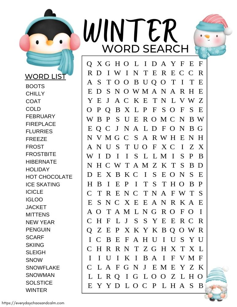 Winter Word Find Printable Printable Calendars AT A GLANCE