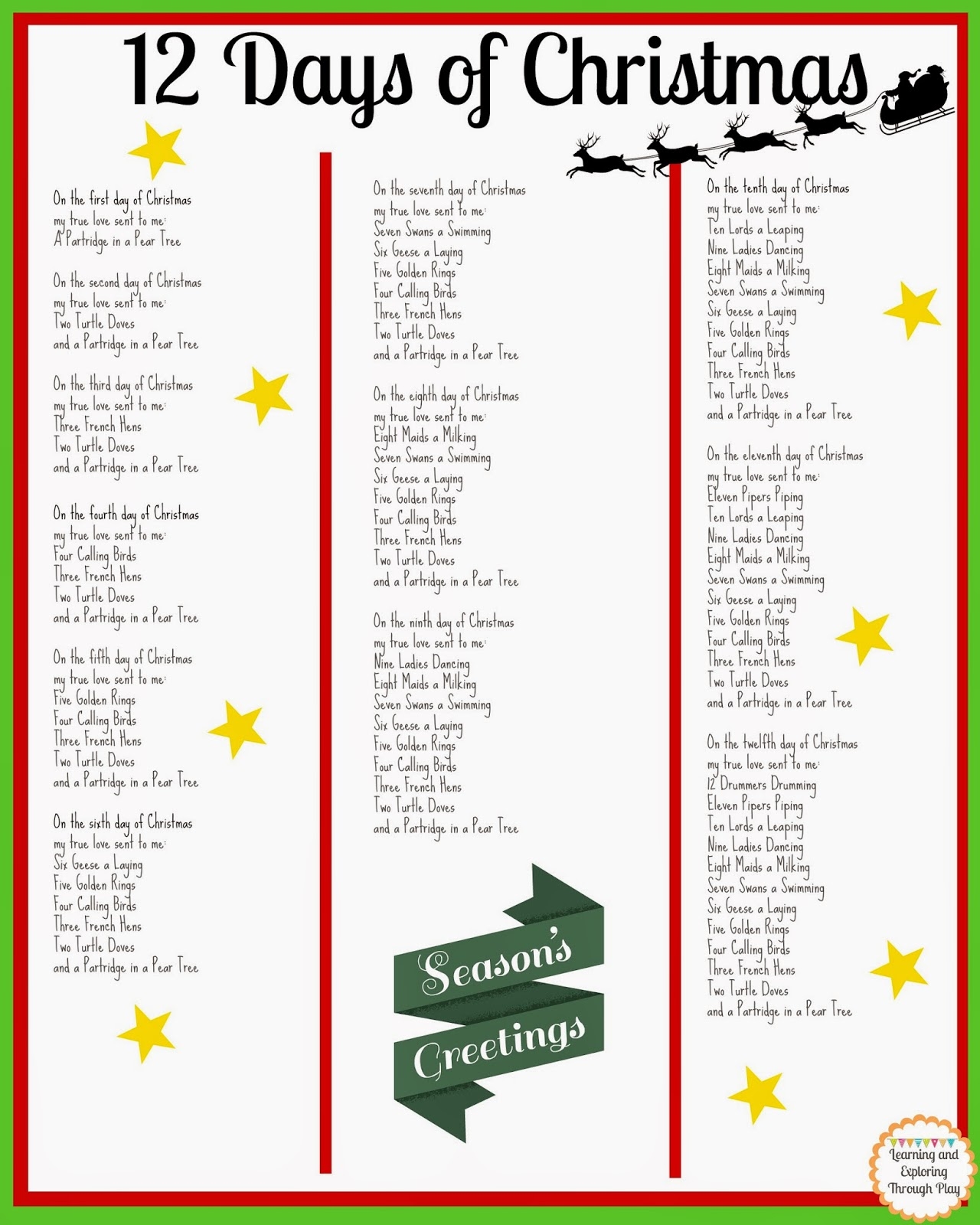 Words To 12 Days Of Christmas Printable